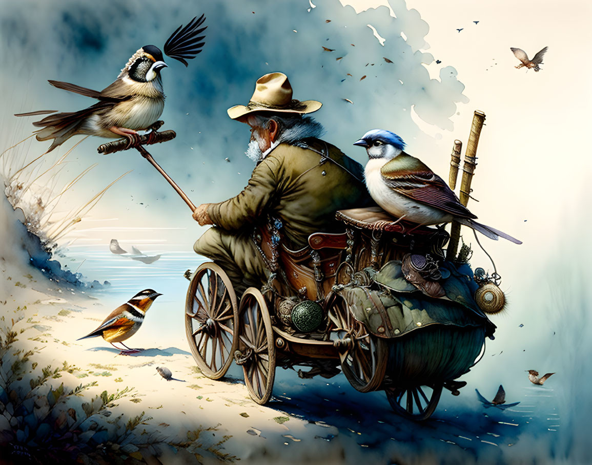 Elderly man fishing on wooden cart with whimsical birds in fantastical scene