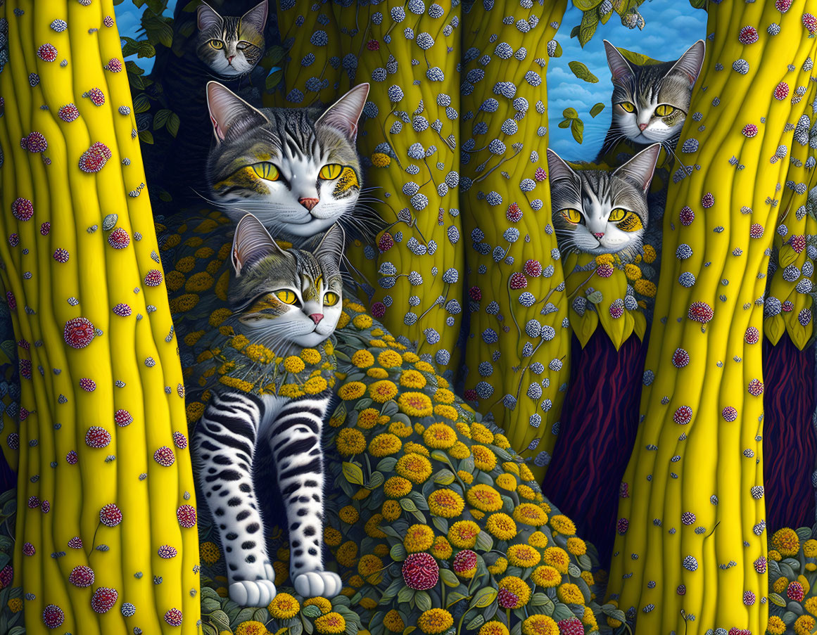 Numerous Cats in Floral Setting with Yellow, Blue, and Green Textures