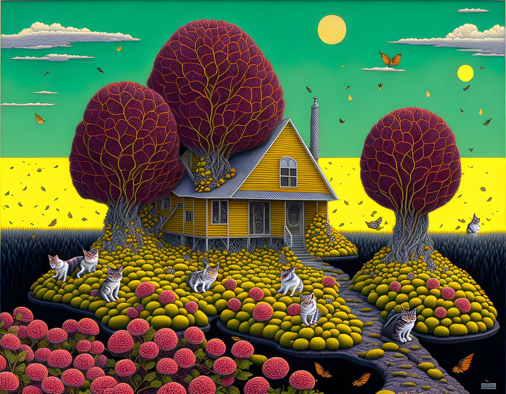 Vibrant surreal landscape with yellow field, violet trees, and zebras among circular patterns