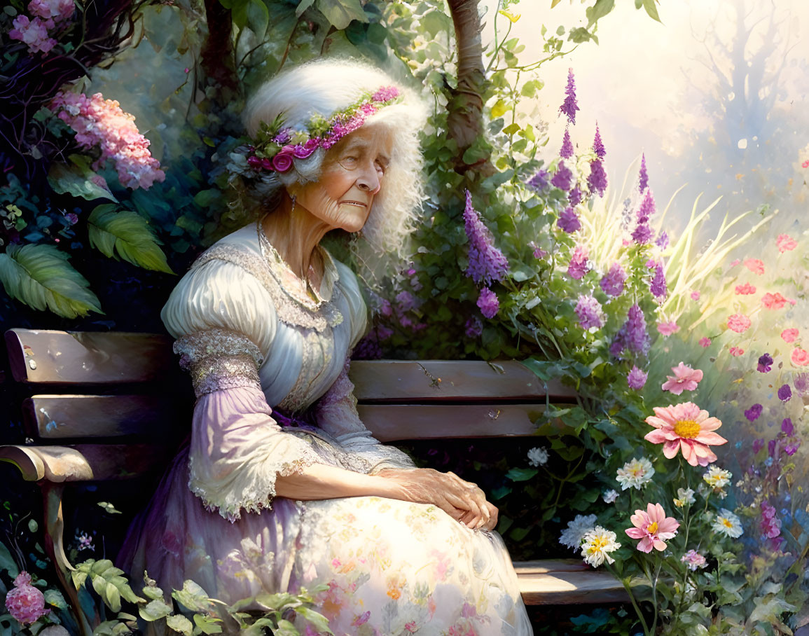 Elderly woman with floral headband in serene garden setting