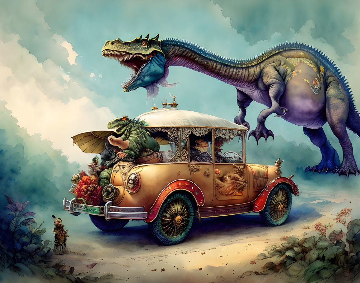 Dinosaurs in classic car under cerulean sky with Diplodocus and T-Rex wearing