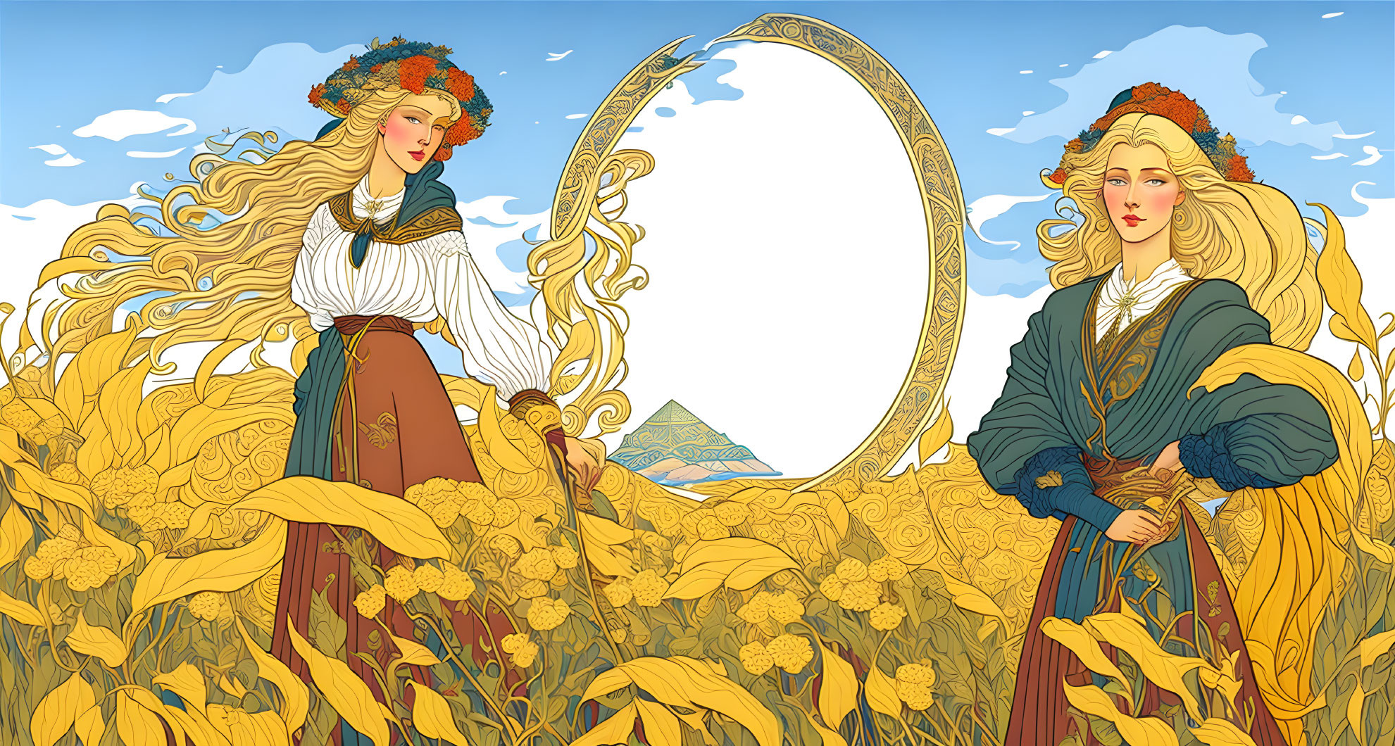 Two women in sunflower field with flowing hair and mirror reflecting mountain