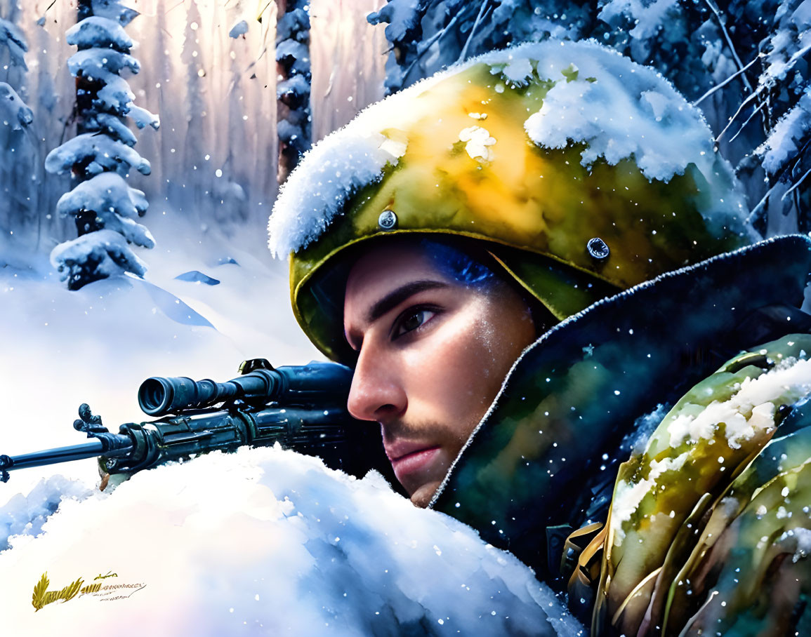 Person in snow-covered helmet and camouflaged attire aiming rifle in snowy forest.