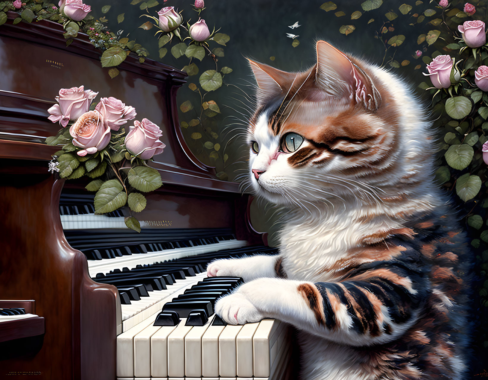 Cat with unique markings by piano with roses and butterfly.