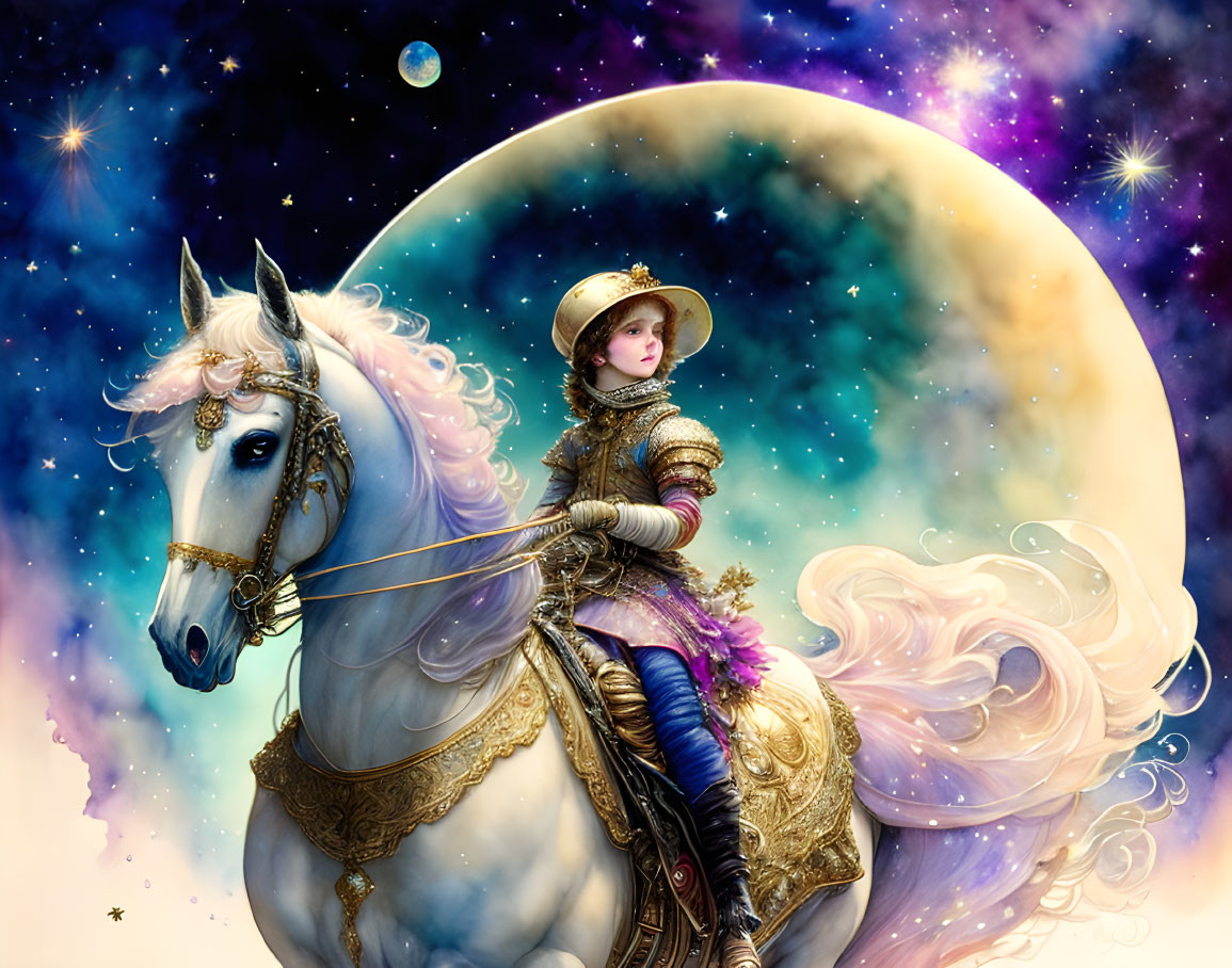 Knight in ornate armor on white horse under cosmic sky