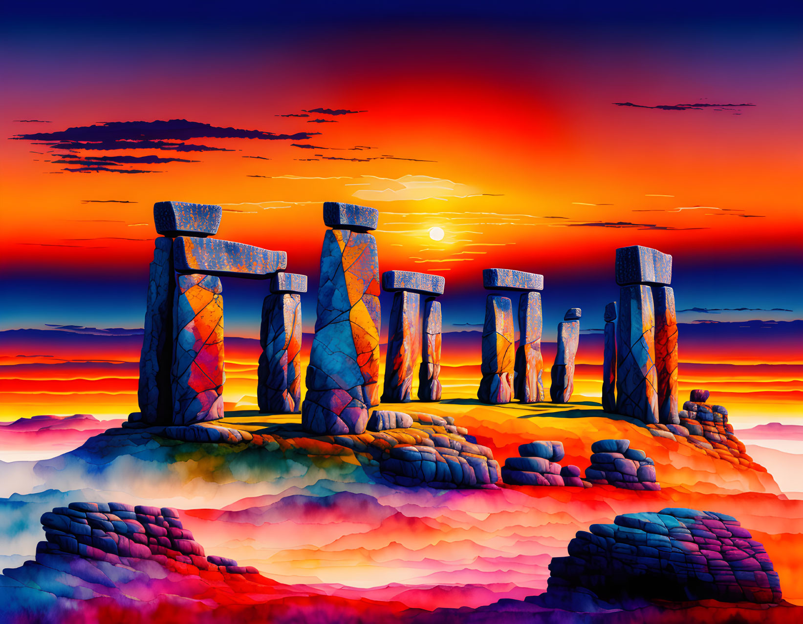 Surreal landscape with Stonehenge-like structures at sunset