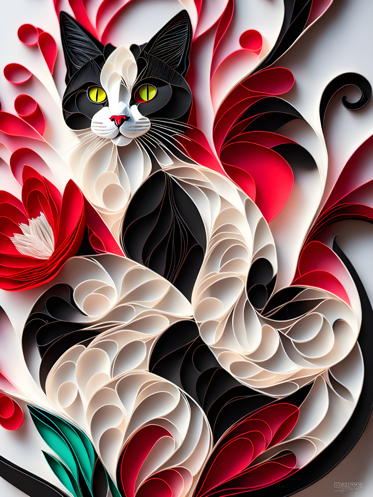 Black and white cat with green eyes in paper quilling art