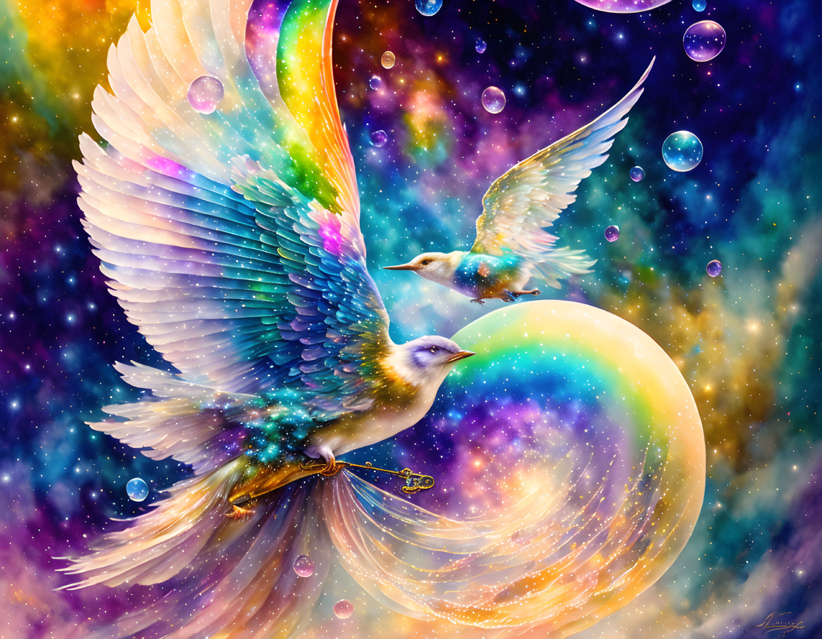 Colorful cosmic backdrop featuring vibrant, iridescent birds and glowing moon