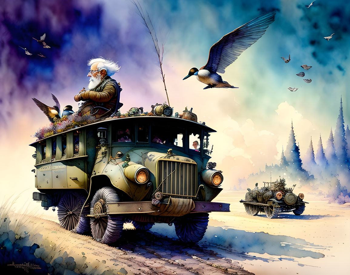 Whimsical illustrated scene: bus with plants and animals, bearded man driving, pastel sky