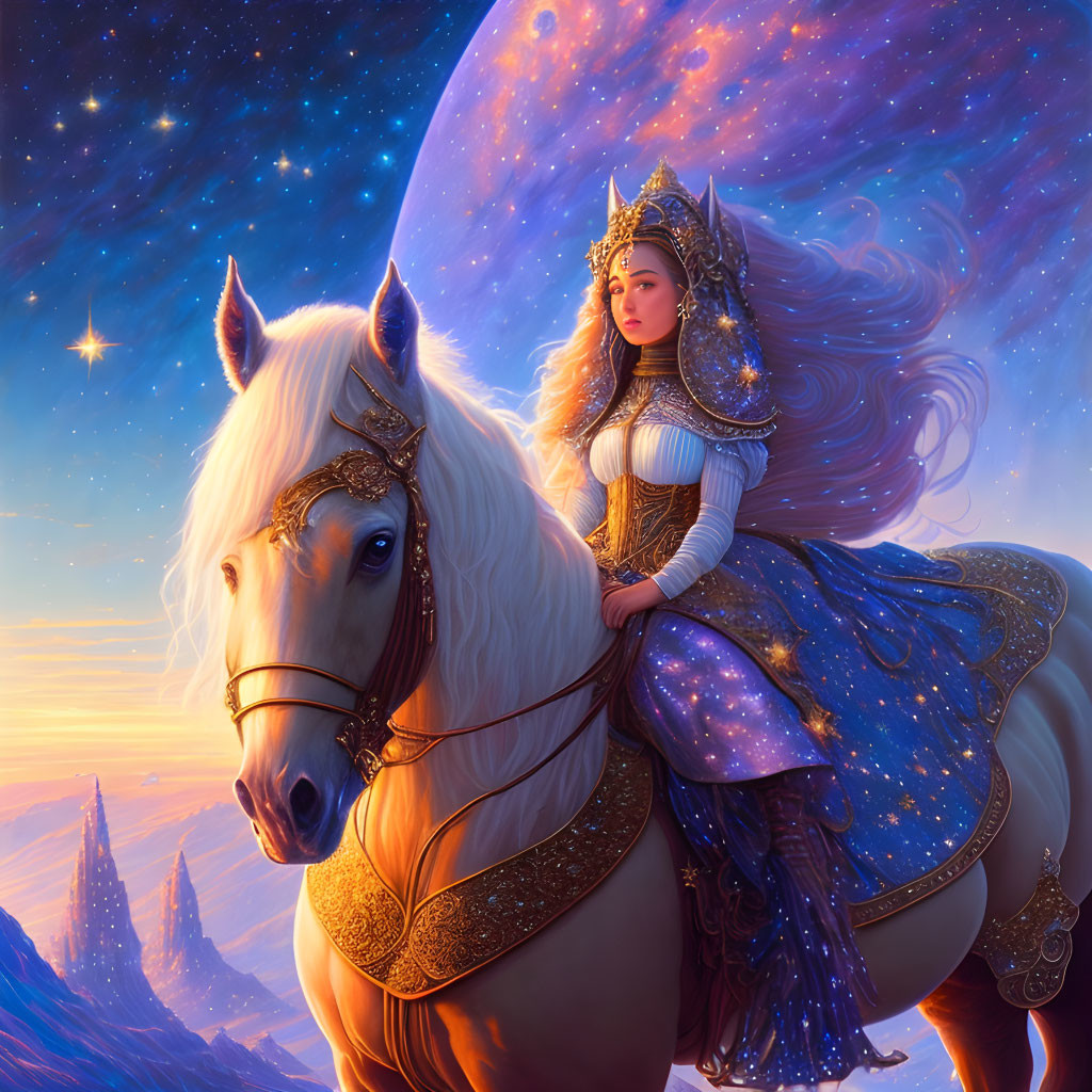 Majestic woman in ornate armor riding white horse amidst swirling galaxies