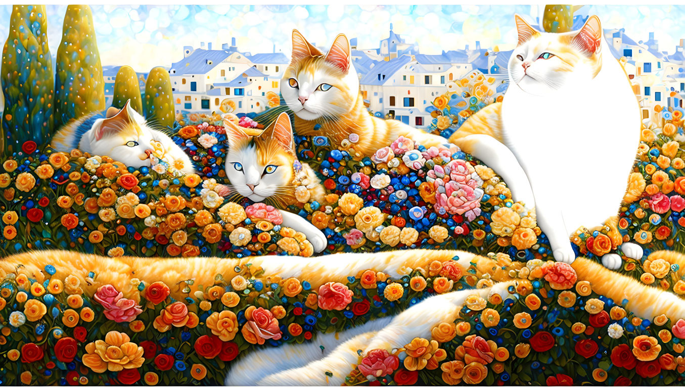 Colorful Stylized Cats Among Vibrant Flowers and Whimsical Houses