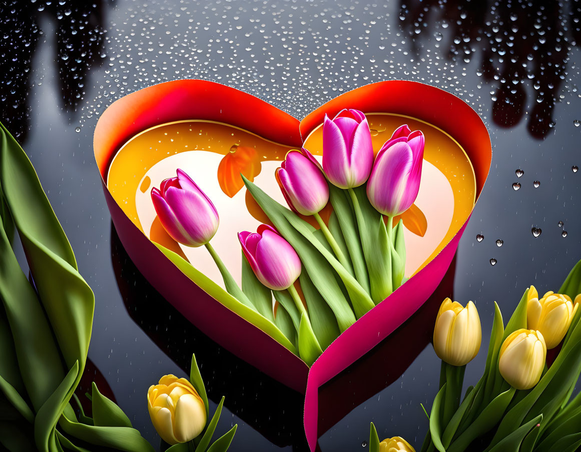 Heart-shaped box with pink and yellow tulips on reflective surface