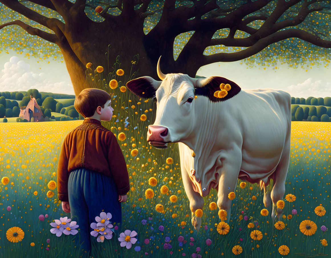 Boy in brown sweater stands with cow in field of yellow flowers and tree.