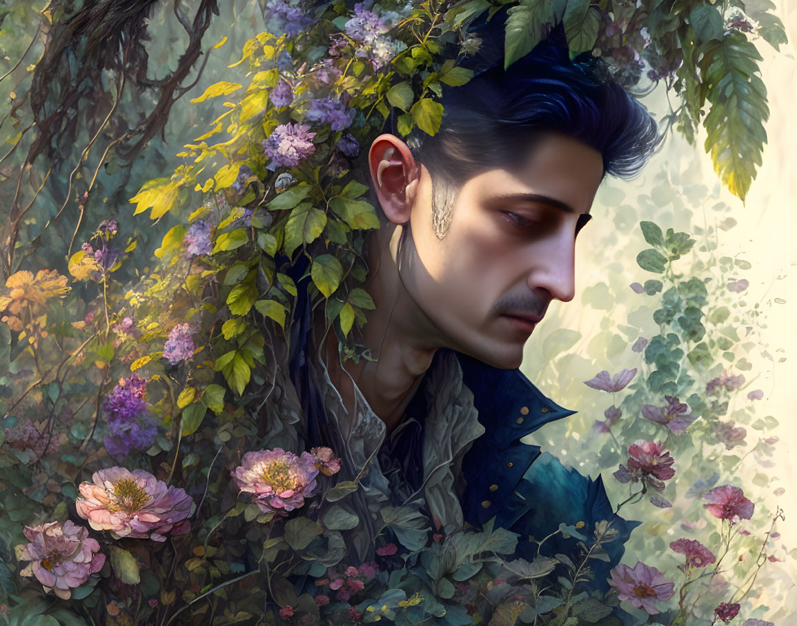 Portrait of a person with dark hair and elven ear in fantasy setting