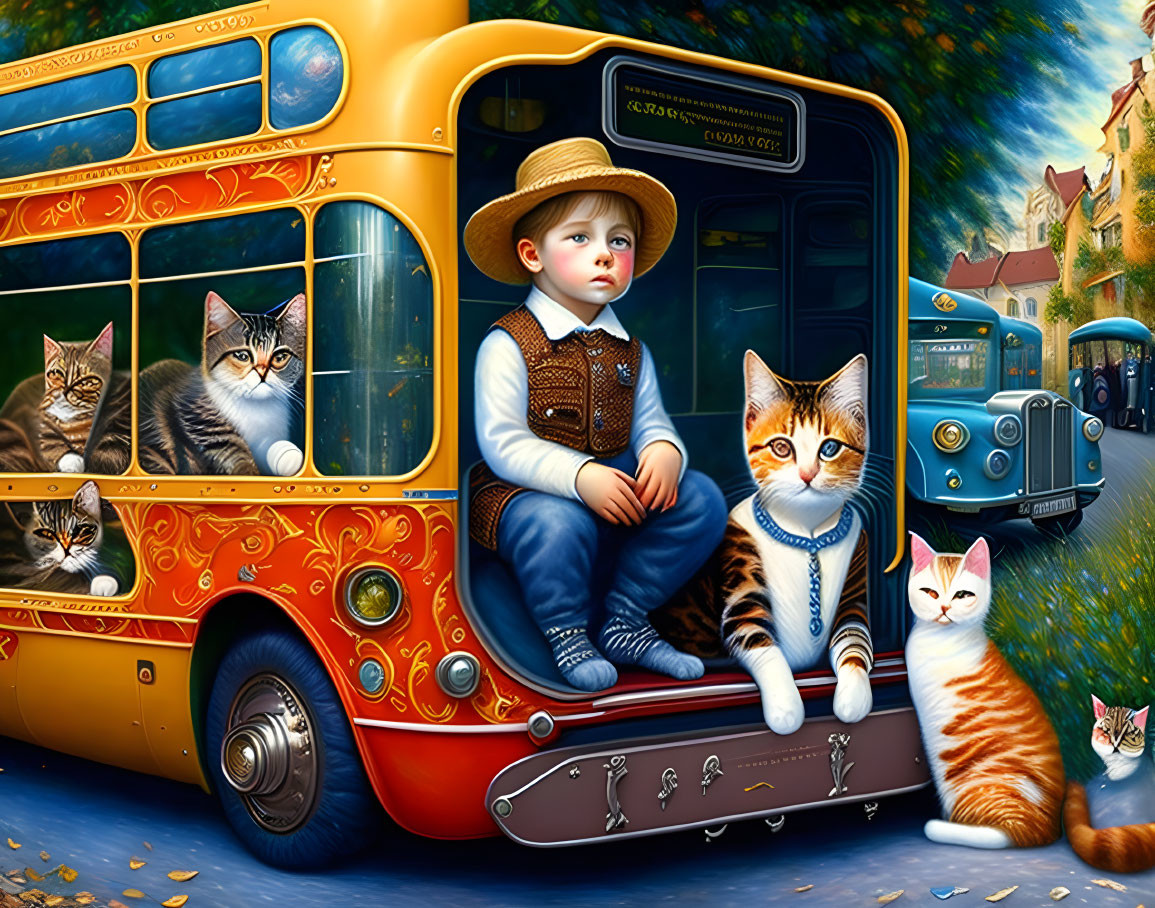 Colorful Bus Scene with Child in Vintage Attire and Playful Cats