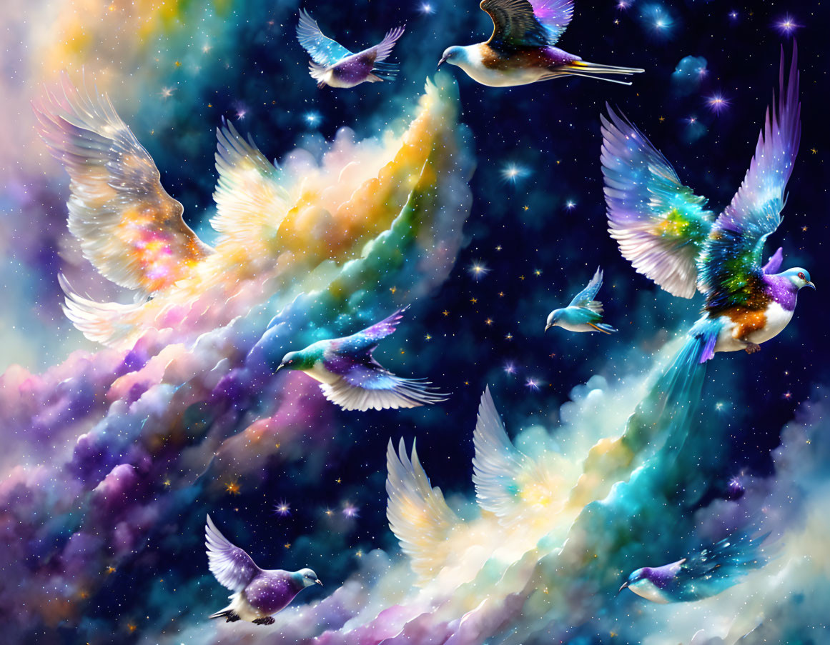 Vibrant cosmic birds soar in starry nebula scene