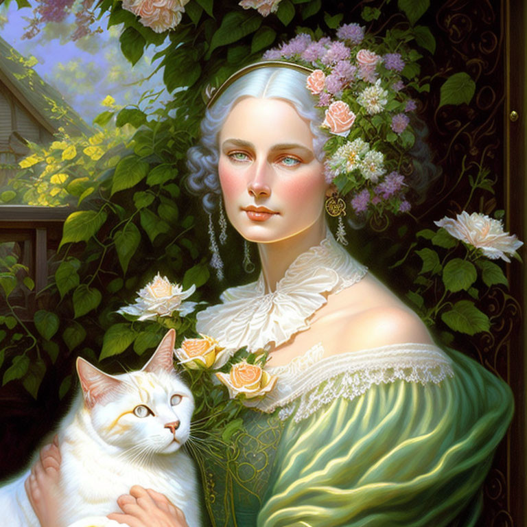 Portrait of elegant woman with flawless skin and blue eyes holding white cat in lush garden.