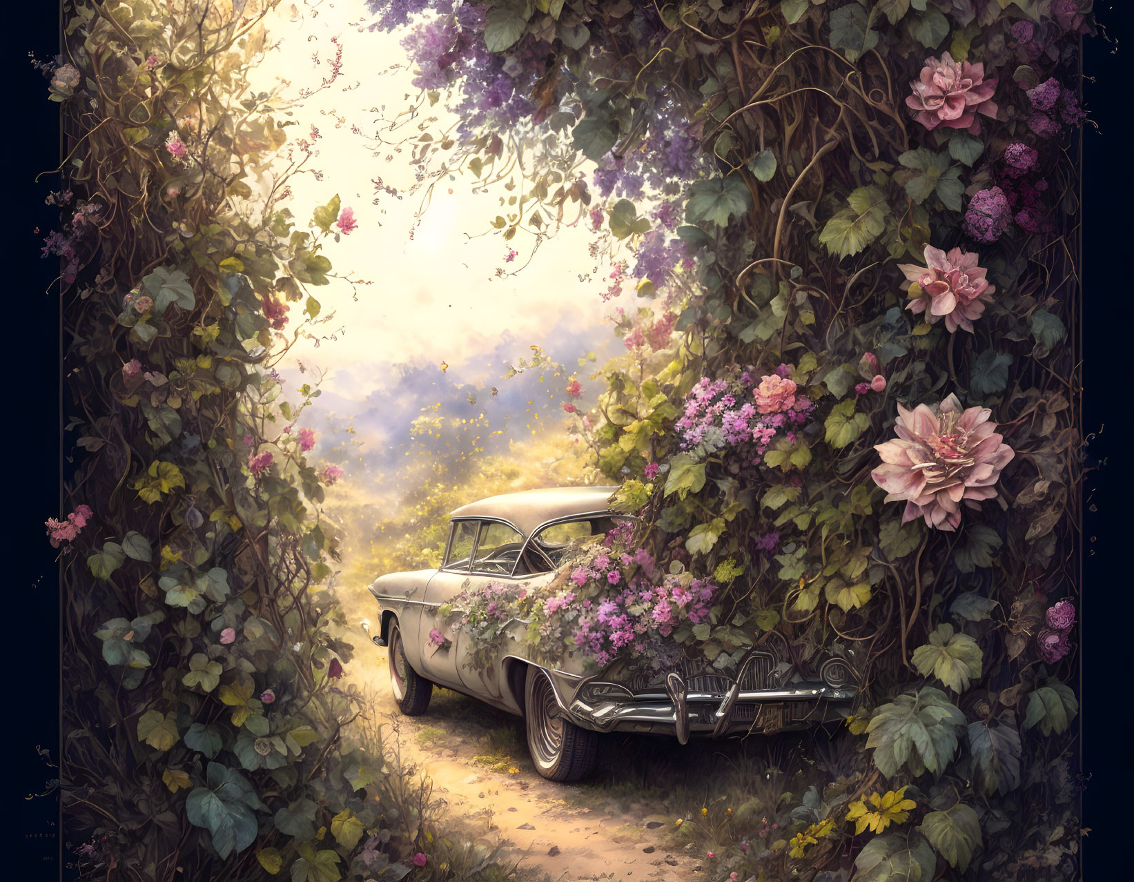 Vintage Car Parked in Lush Garden Archway with Blooming Flowers