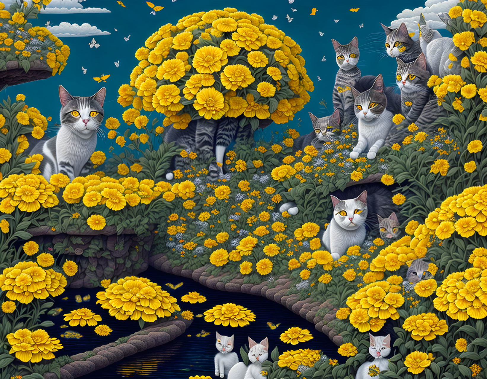 Numerous Cats Among Yellow Marigold Blossoms and Blue Sky