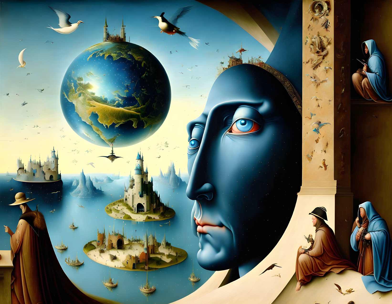 Surreal Artwork Featuring Central Face, Floating Castles, Planet, Figures, Birds