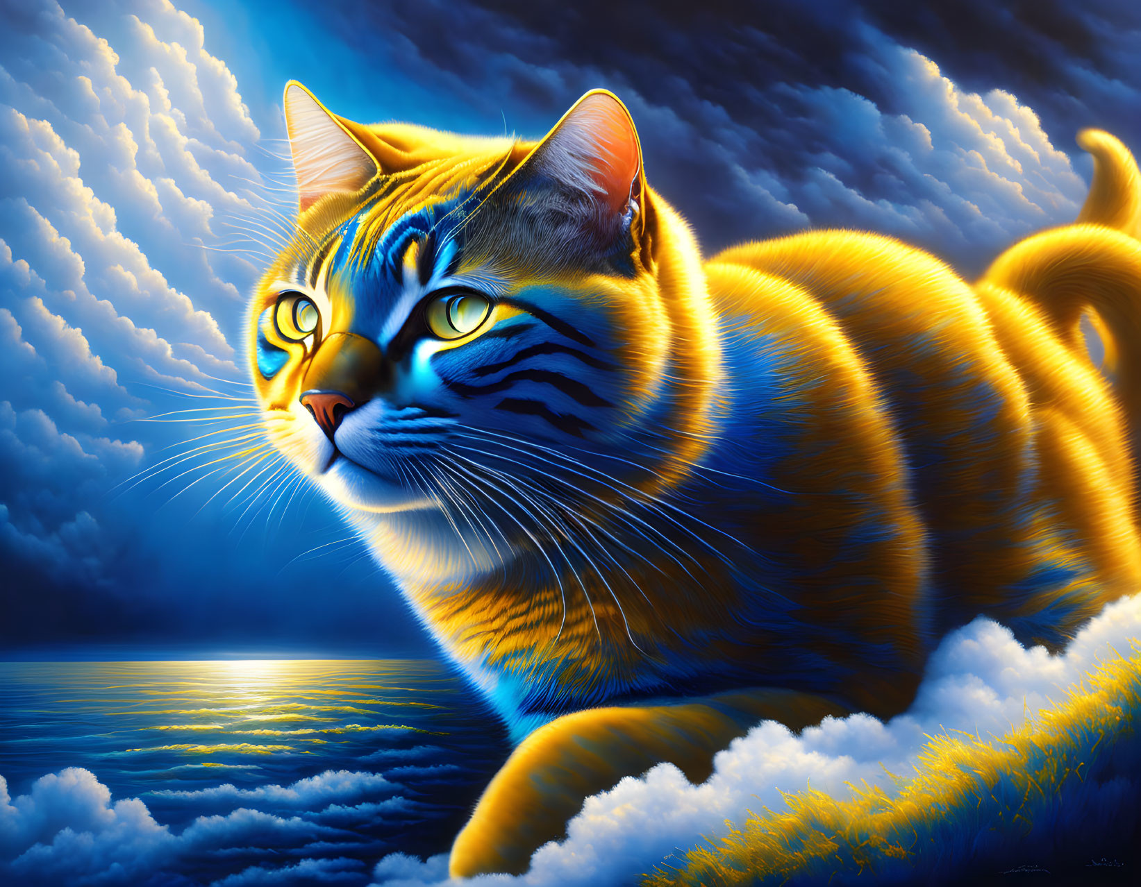 Colorful Digital Artwork: Orange Tabby Cat on Clouds with Sunset Sky and Ocean Reflections