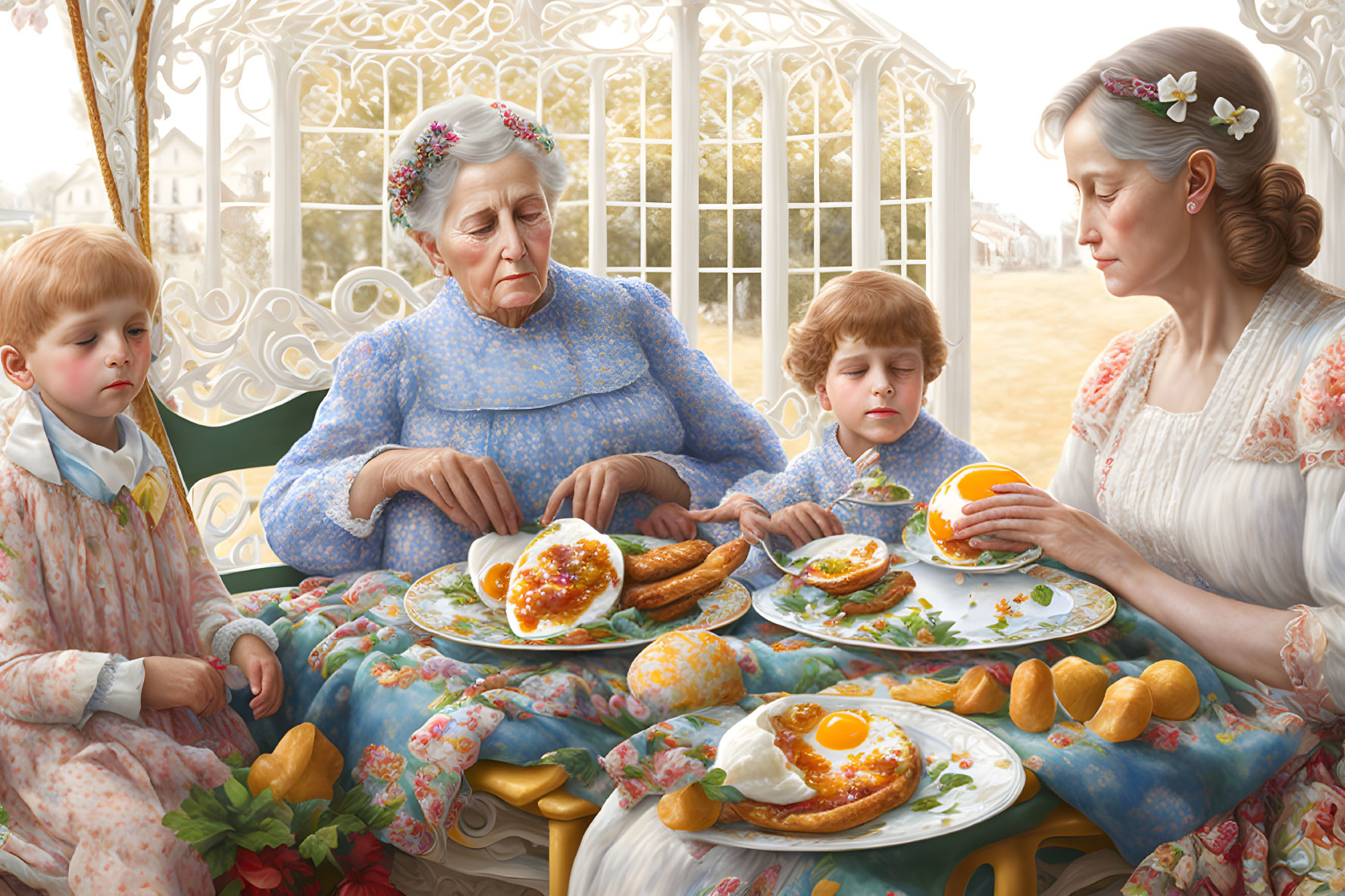 Family enjoying pastries at gazebo table in serene setting