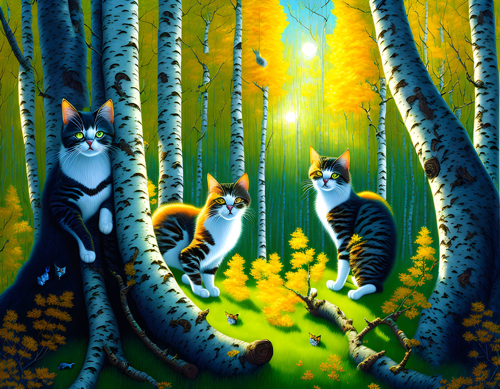 Colorful cats in vibrant birch forest with golden leaves