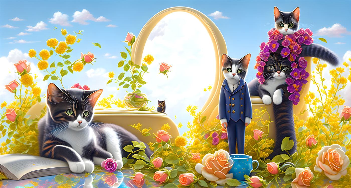 Whimsical anthropomorphic cats in colorful garden setting
