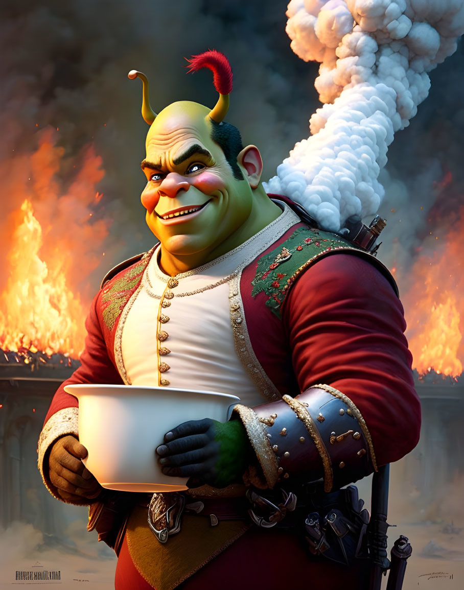 Animated smirking ogre in festive vest with fiery backdrop