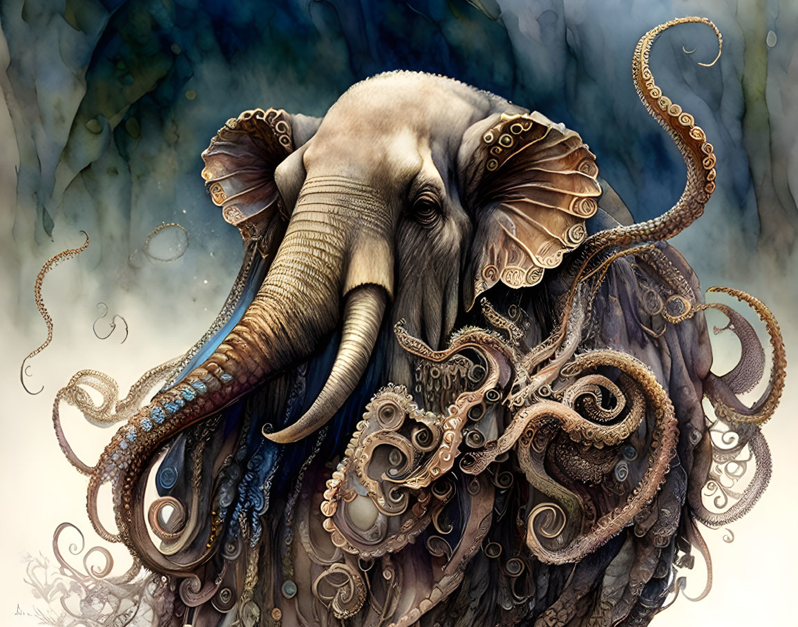 Steampunk-inspired elephant with mechanical details and tentacles.