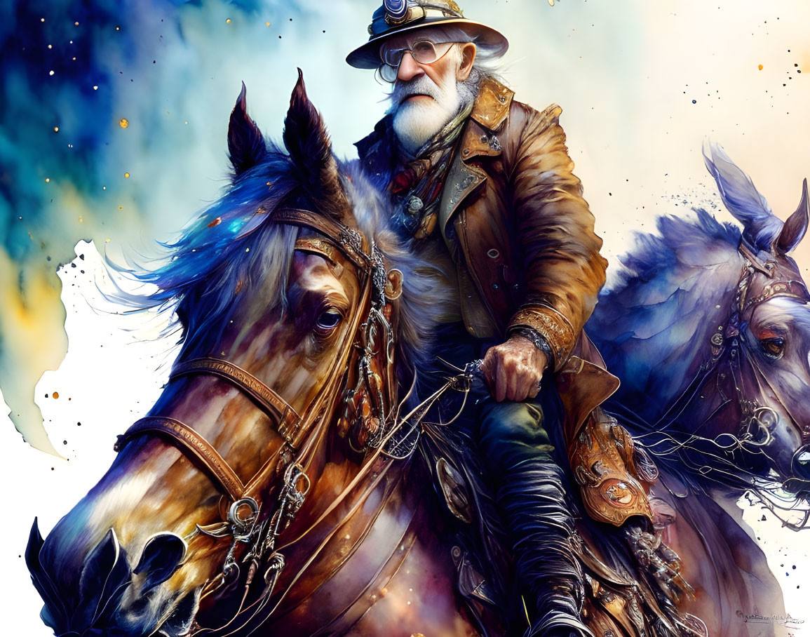 Elderly man with beard on horse in colorful illustration