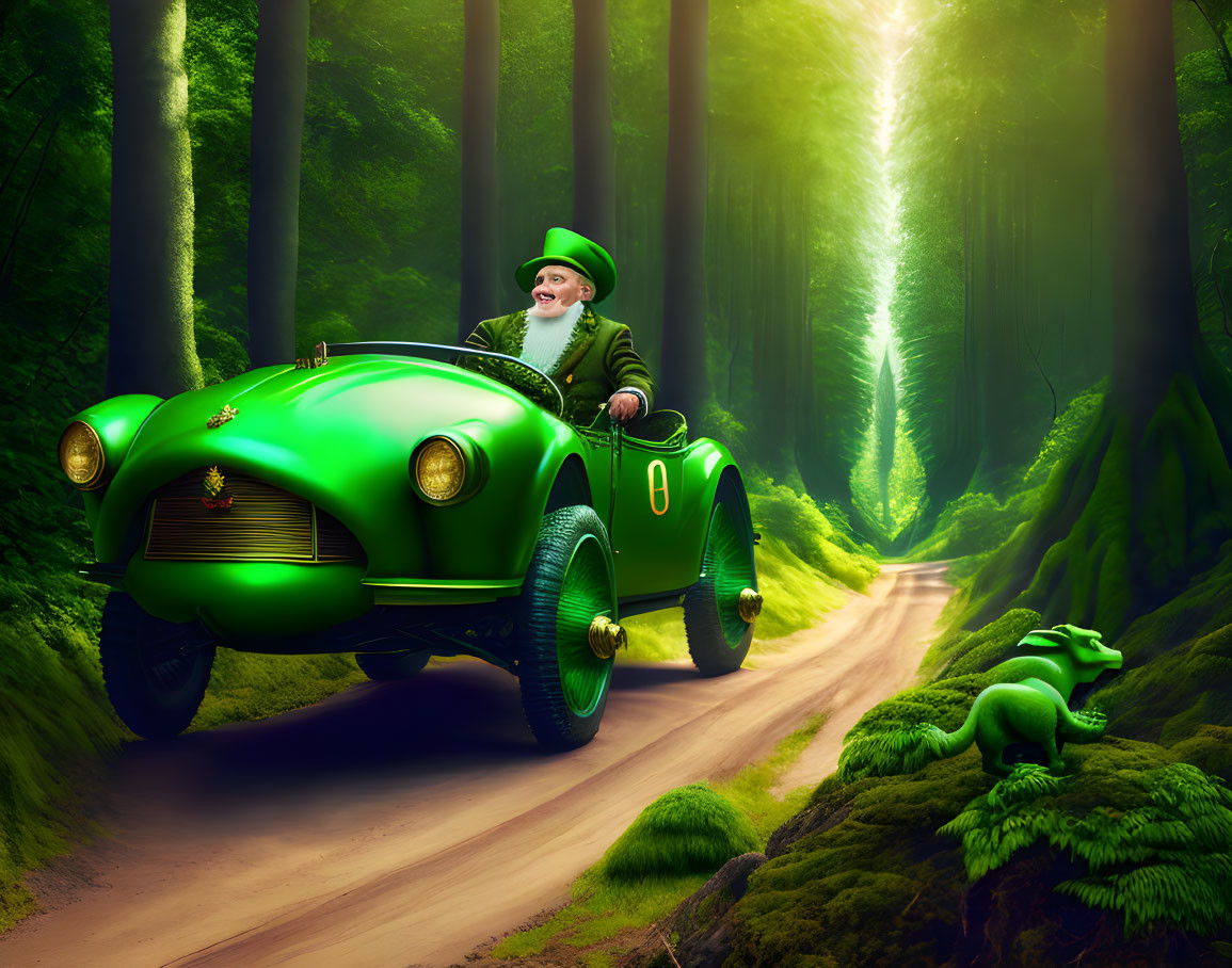 Smiling leprechaun driving vintage car in enchanted forest