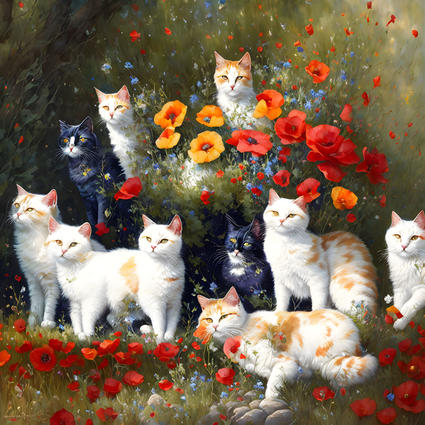 Multiple Cats with Human-Like Eyes Among Red Poppies and Greenery