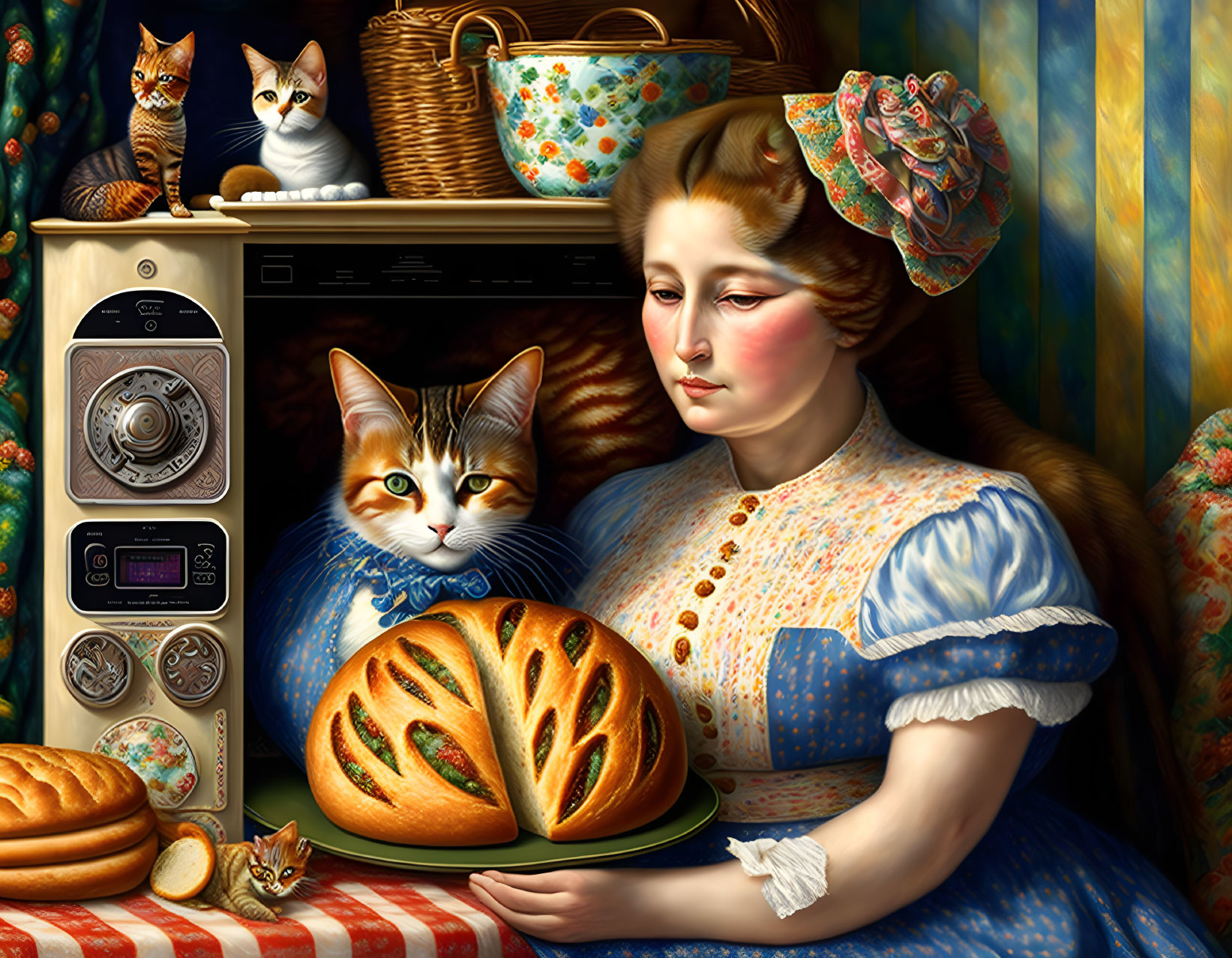 Woman in Blue Dress with Cats by Vintage Oven and Freshly Baked Bread