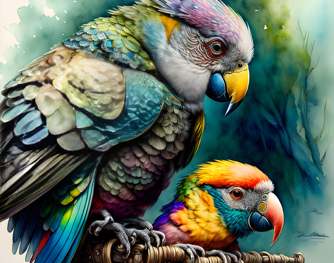 Colorful digital illustration featuring two parrots: one large with blue and green feathers, and a smaller