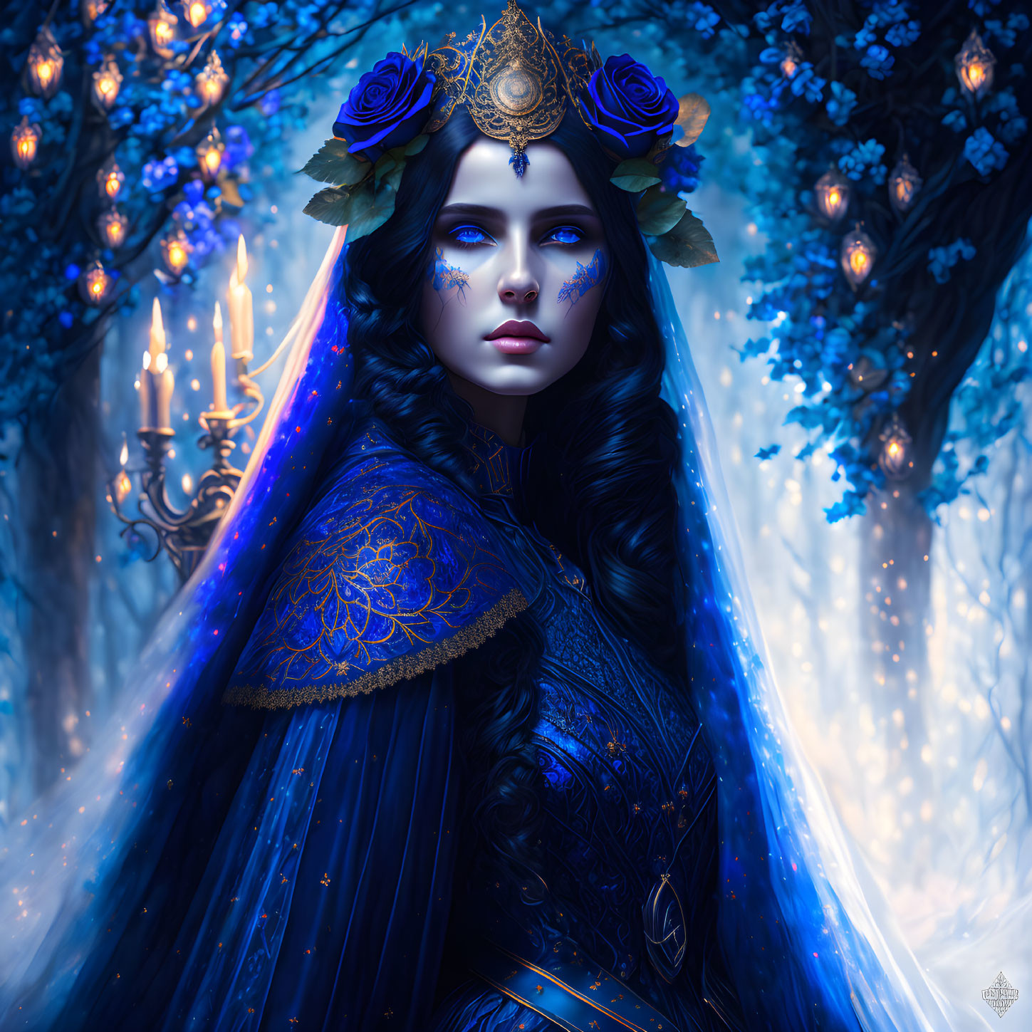 Digital Artwork: Mystical Woman in Blue Gown with Forest Backdrop