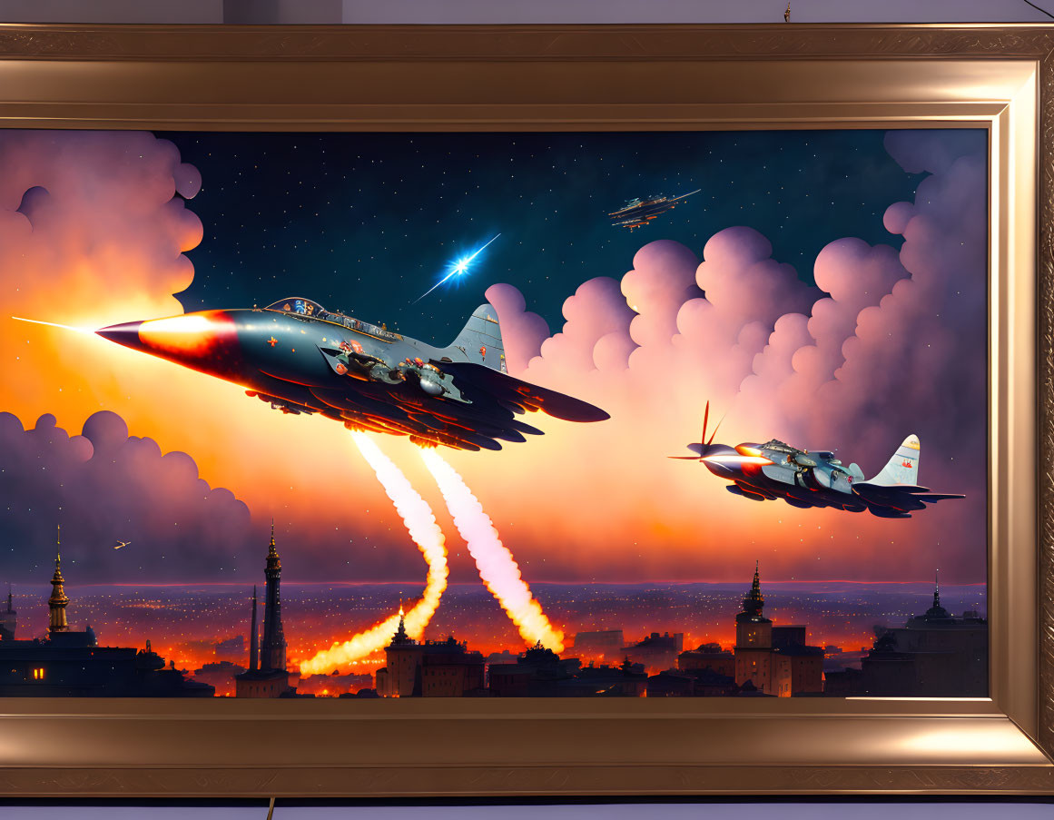 Framed artwork: Futuristic jets over city at sunset