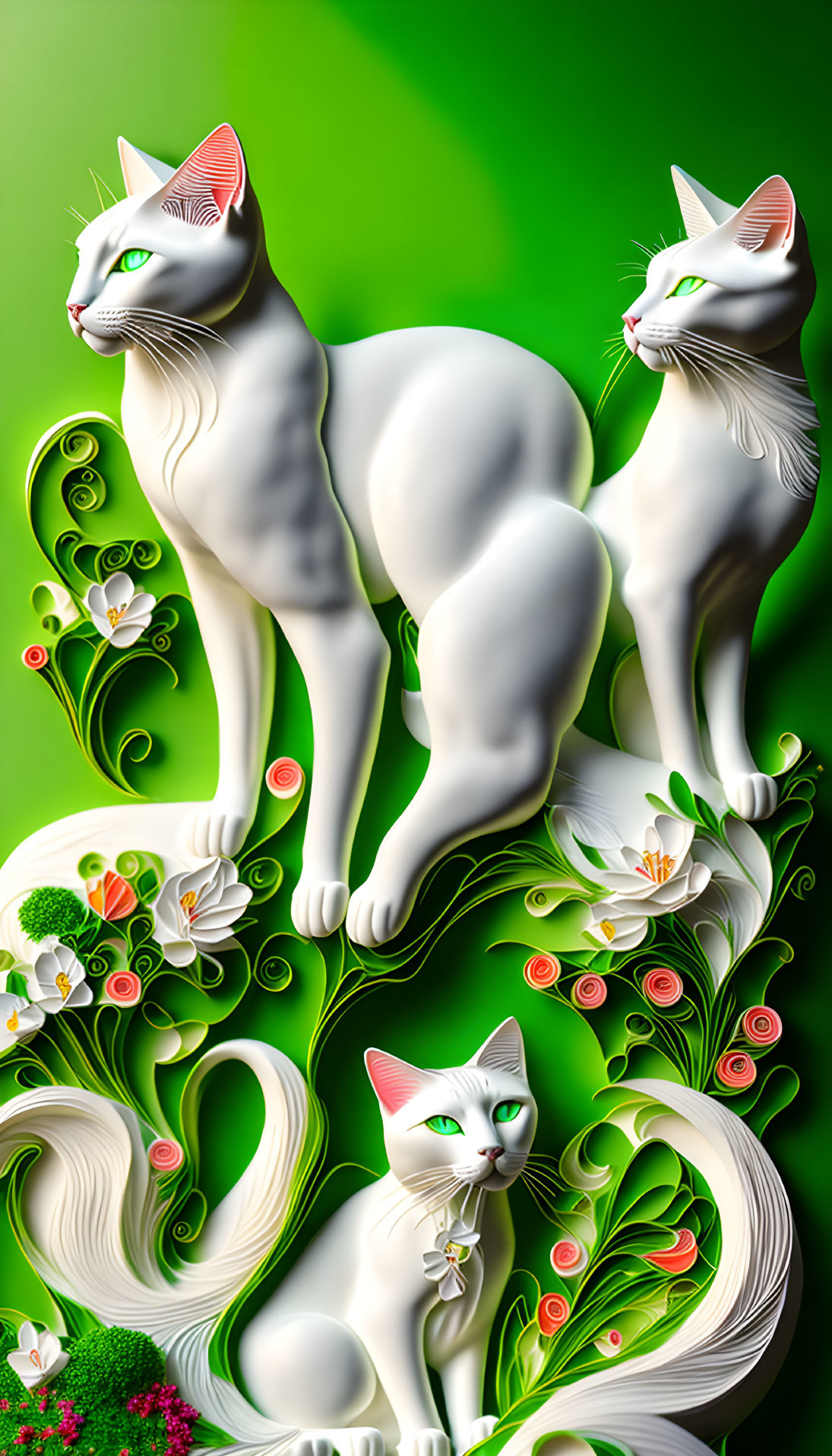 Stylized white cats with green eyes on floral background