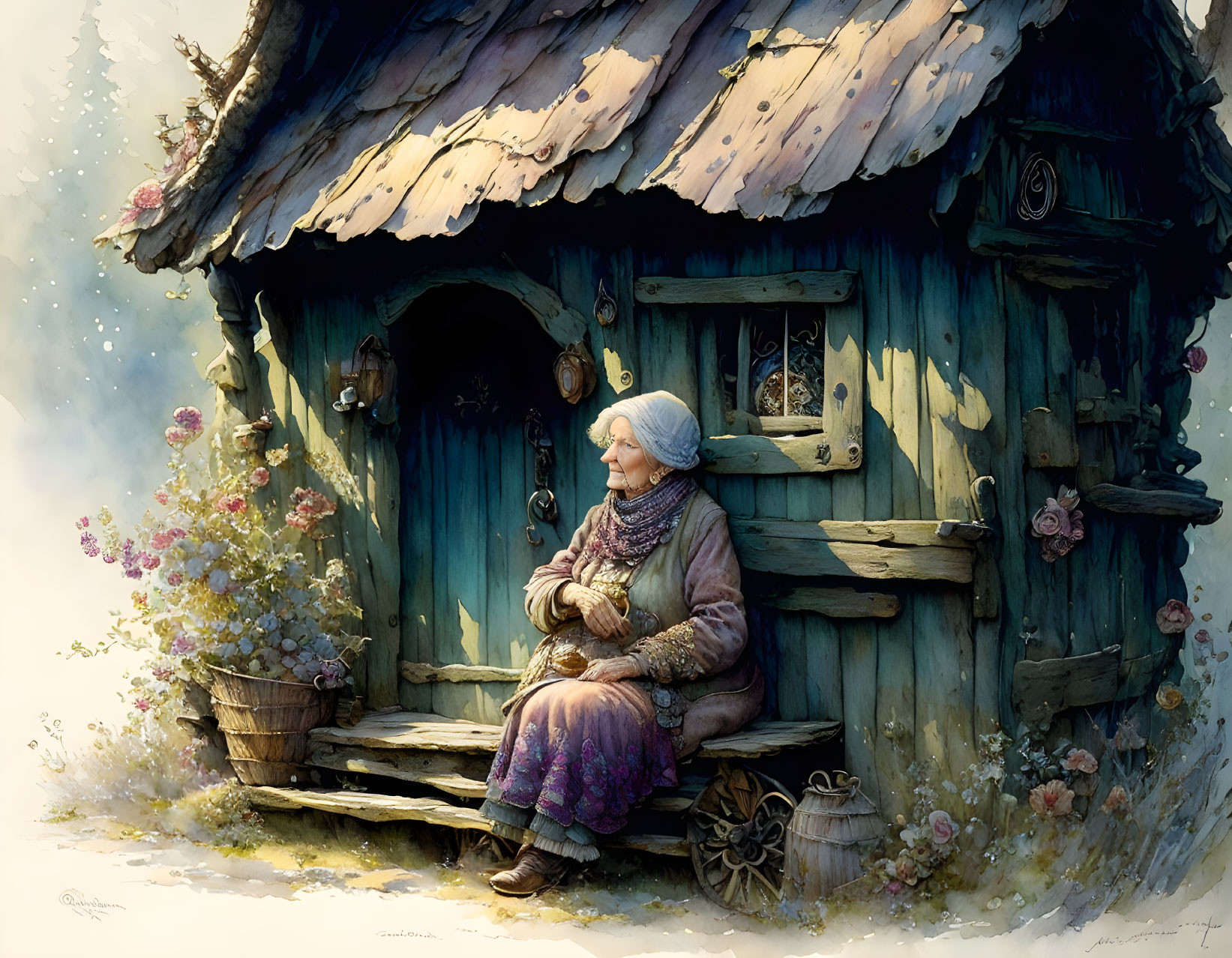 Elderly woman knitting outside rustic wooden cottage