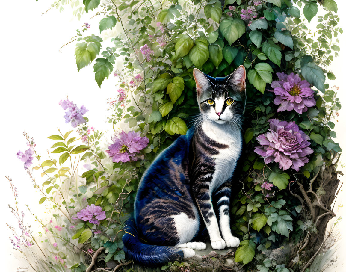 Tabby Cat Surrounded by Green Foliage and Purple Flowers