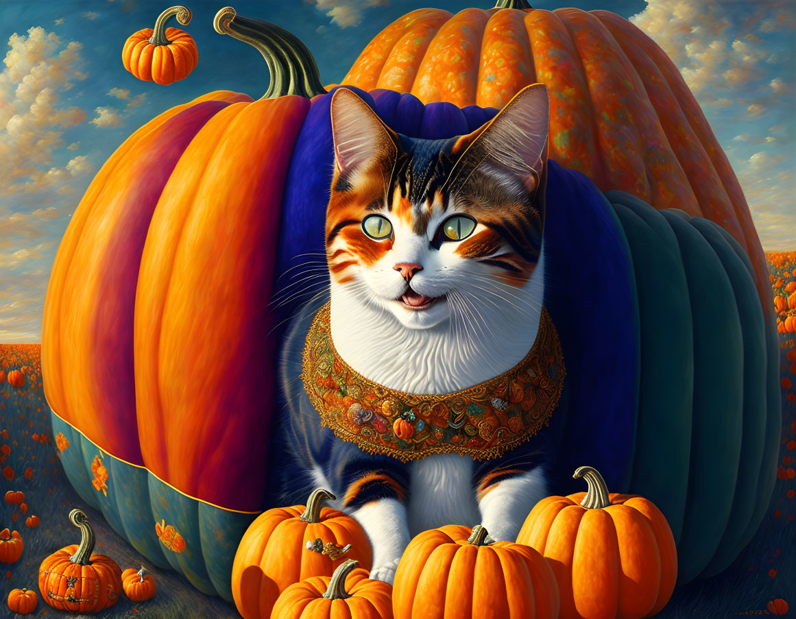 Whimsical cat illustration with decorated collar among pumpkins