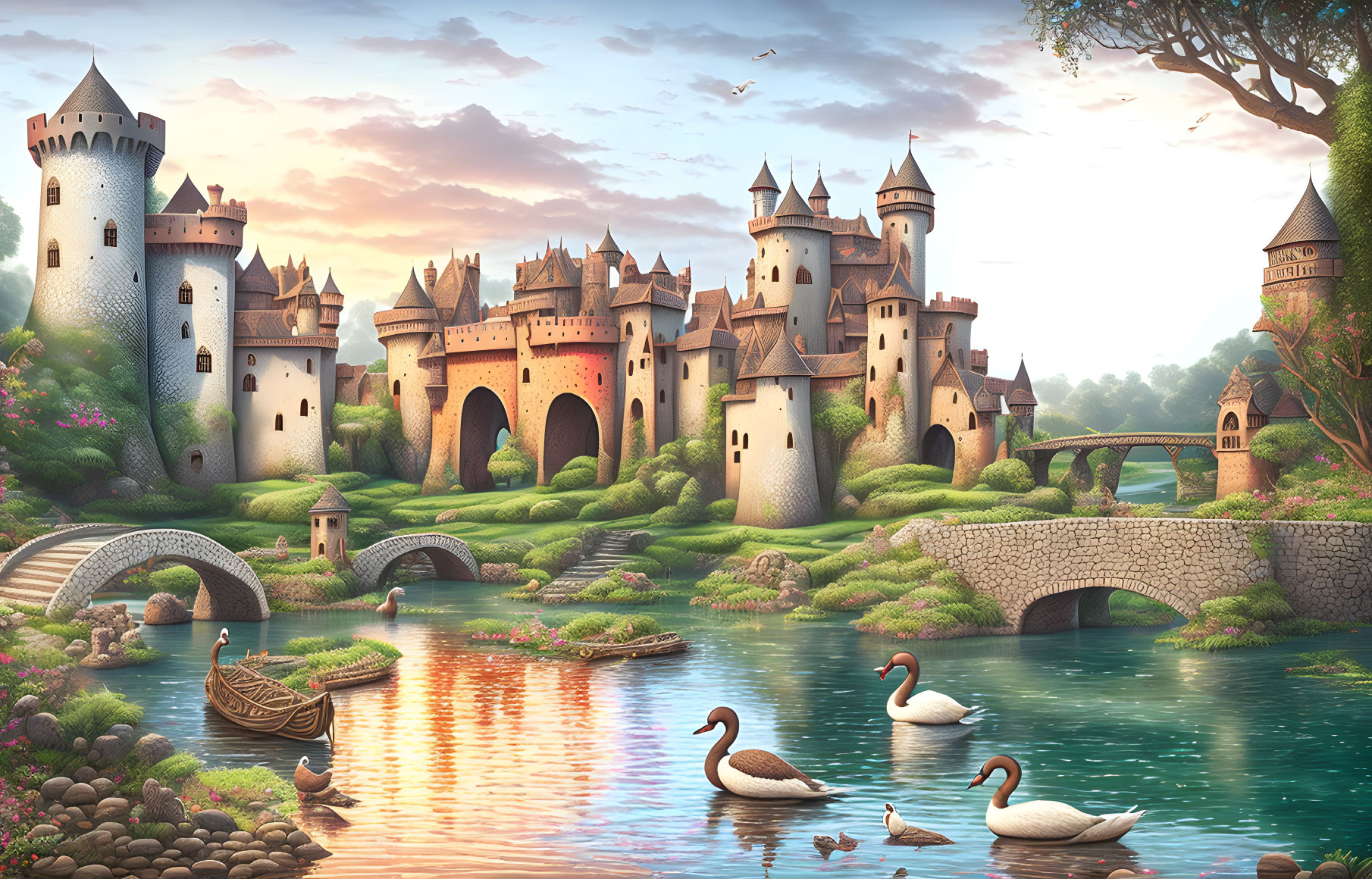 Majestic castle in serene fantasy landscape