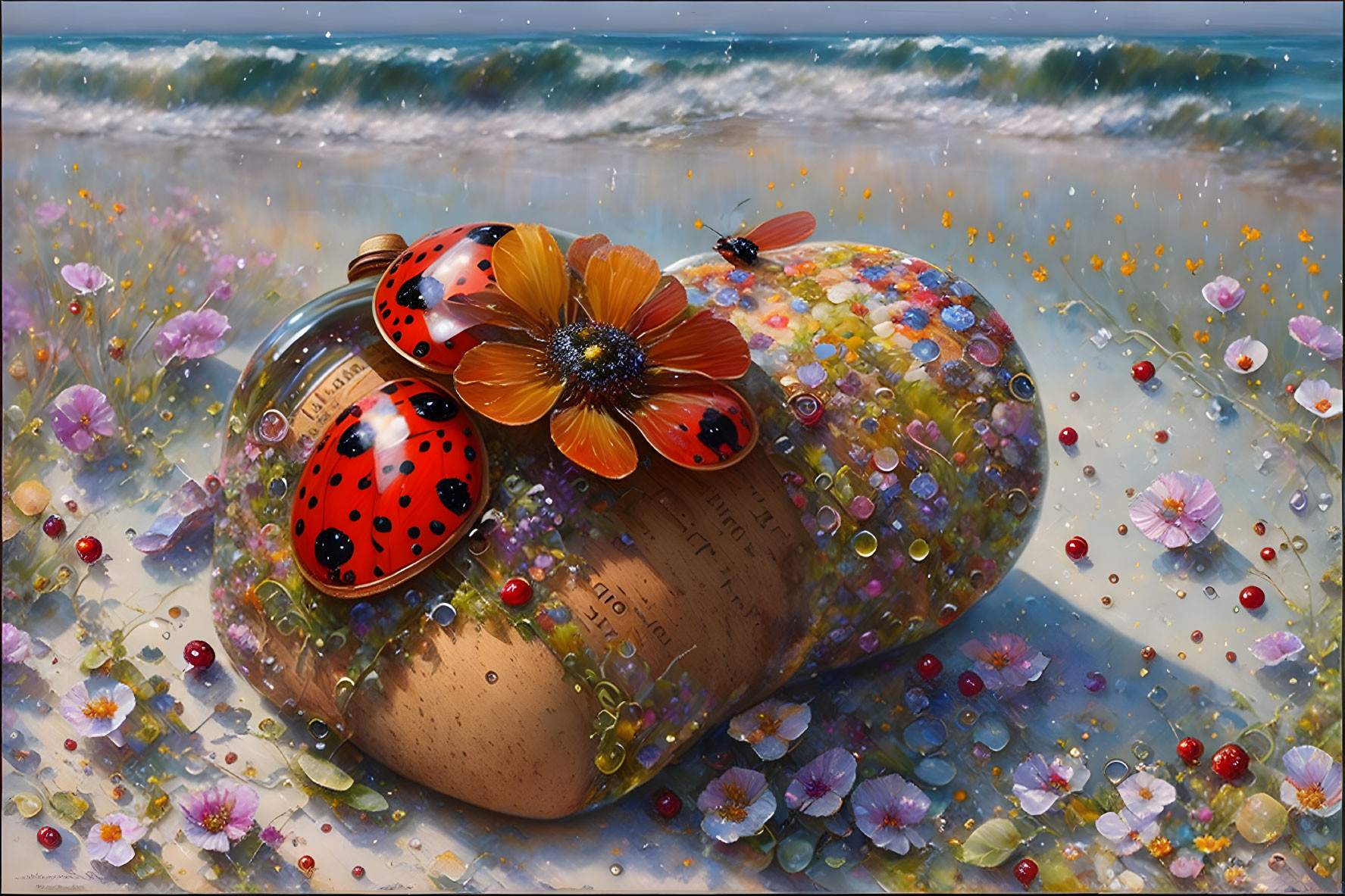 Glass Bottle on Floral Beach with Ladybug and Sparkles