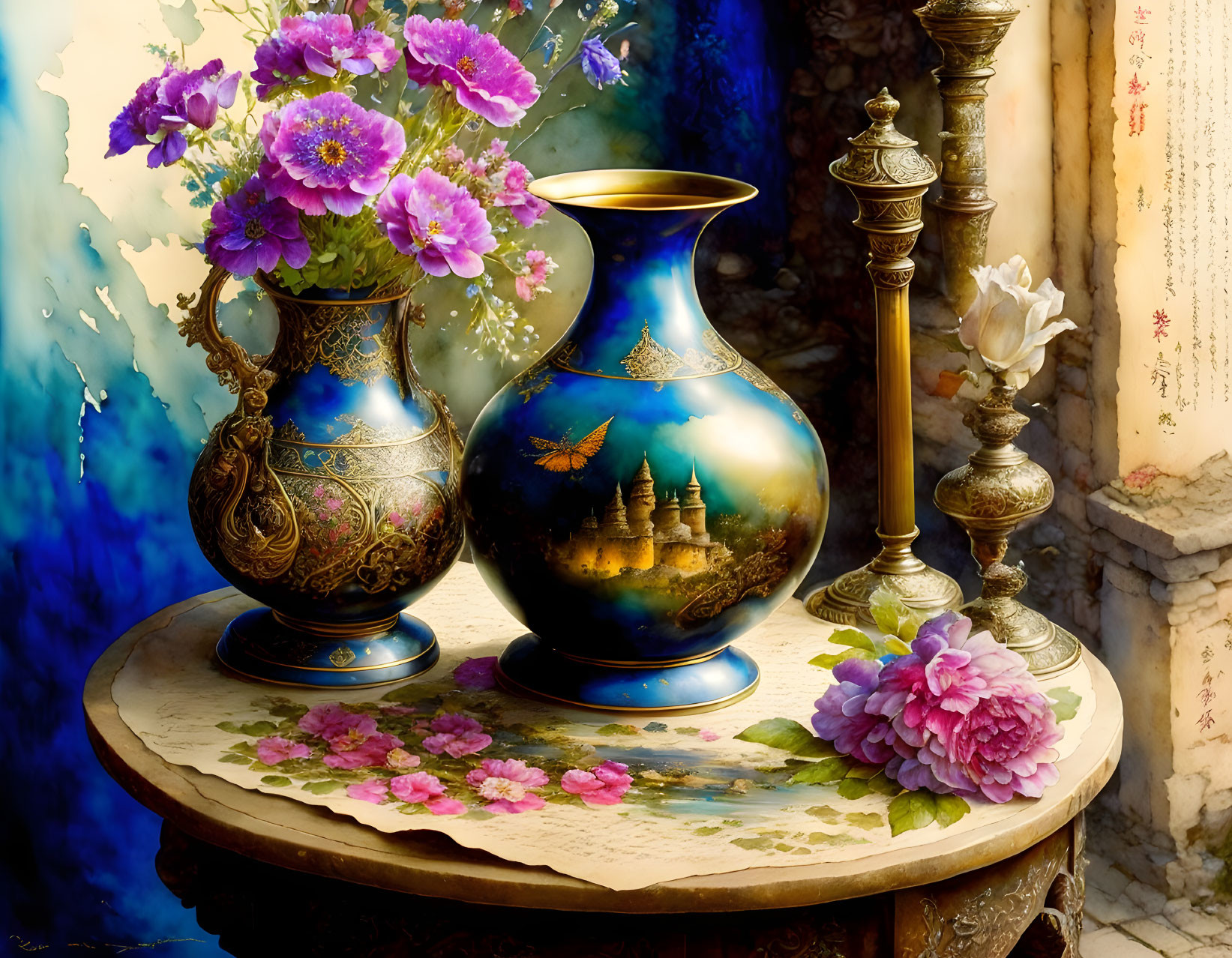 Colorful Still Life Image: Blue Vase, Flowers, Urn, Candlestick, Floral Table