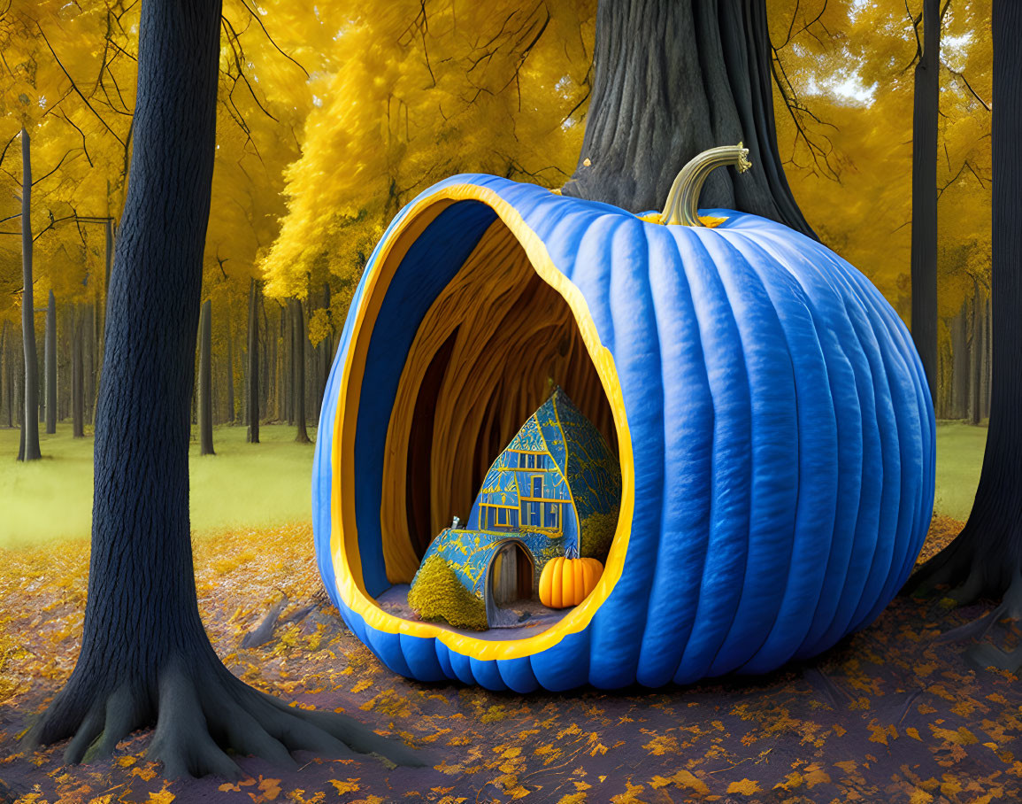 Large Blue Pumpkin Reveals Cozy Room in Forest Setting