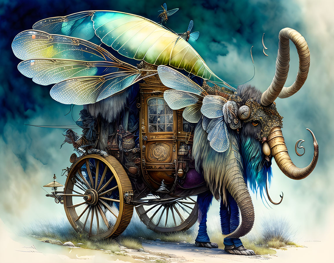 Fantastical elephant with dragonfly wings pulling decorated carriage under dreamy blue sky