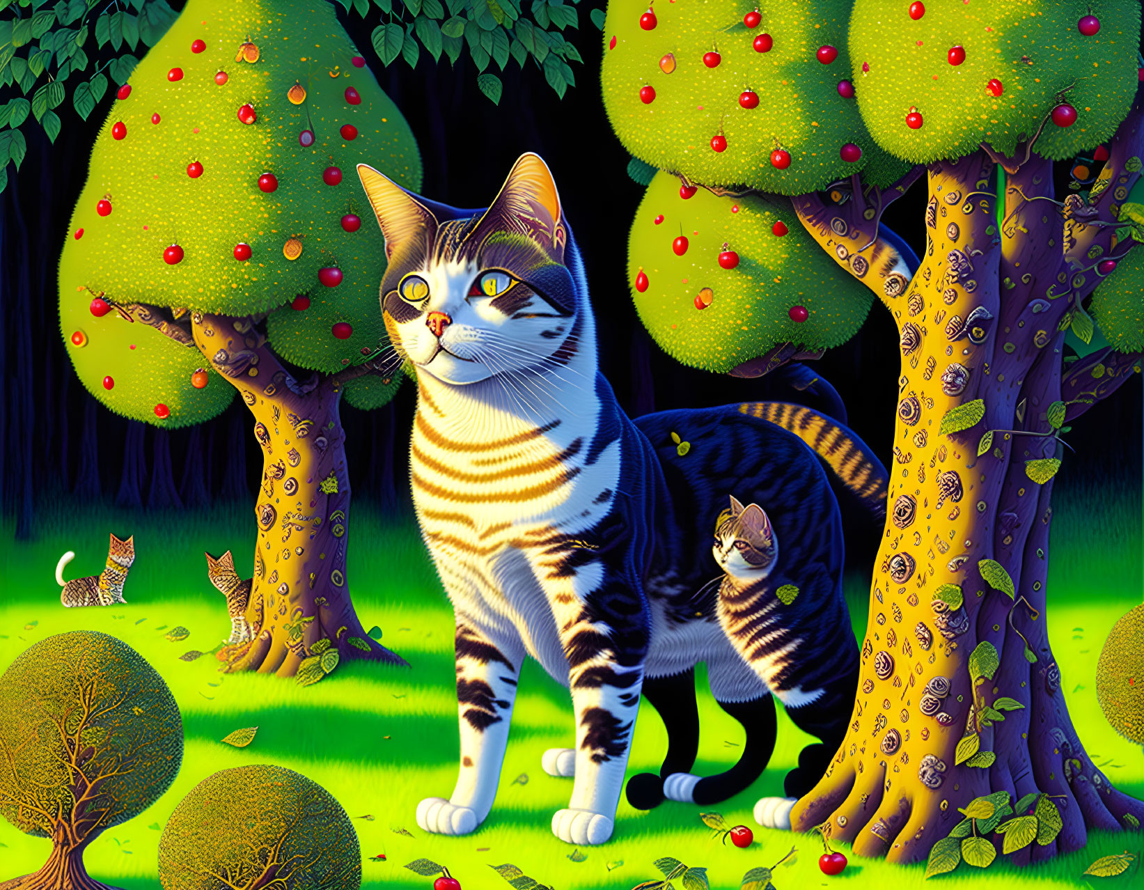 Colorful Striped Cat in Fantasy Apple Orchard with Patterned Trees