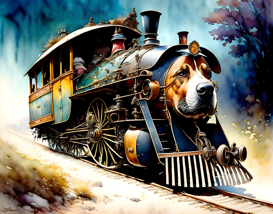 Vintage Train Illustration with Dog's Face Amid Colorful Foliage