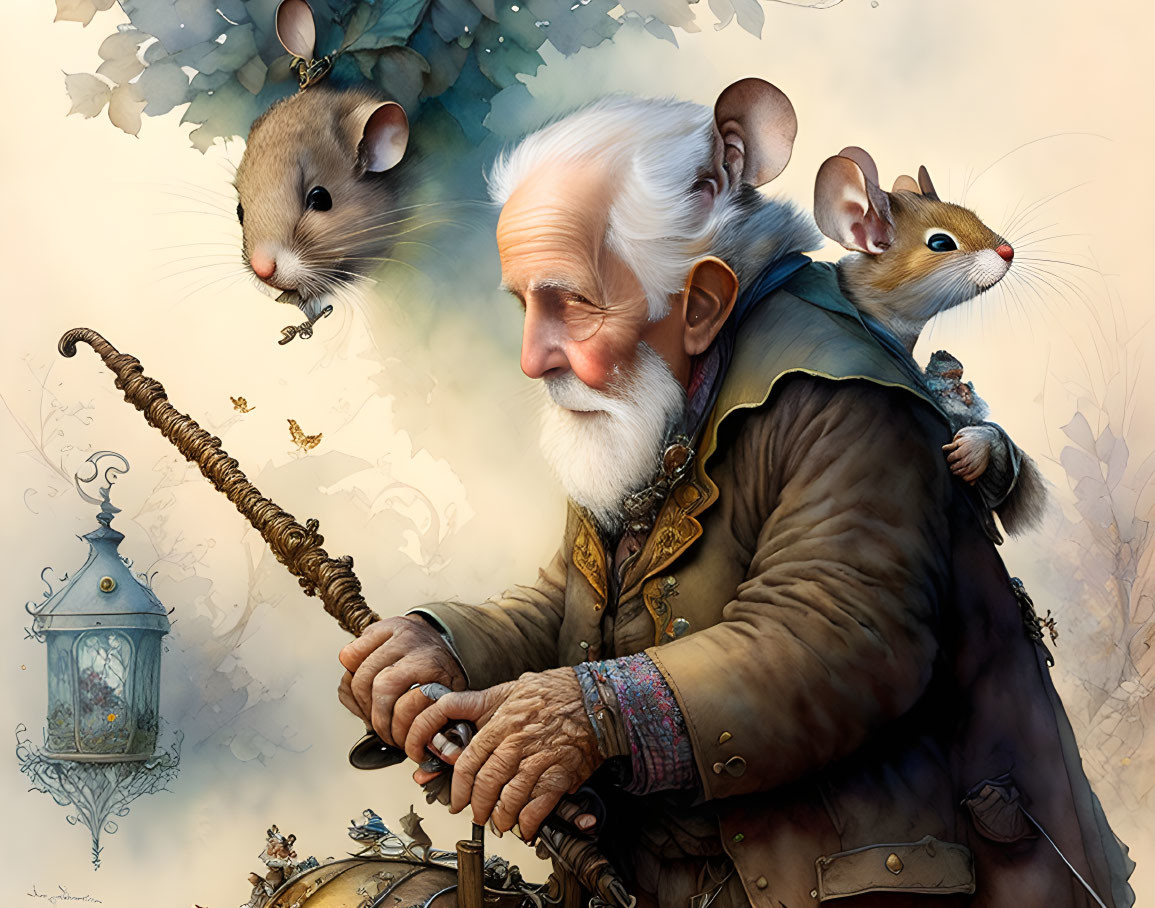 Elderly man with long white beard, staff, and two large mice in whimsical autumn scene