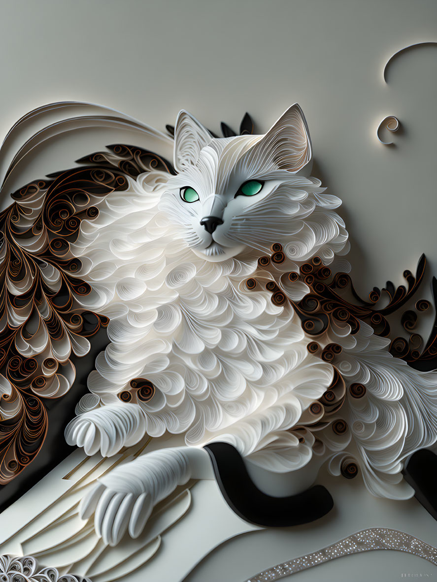 White Cat with Green Eyes in Paper Quilling Art Style